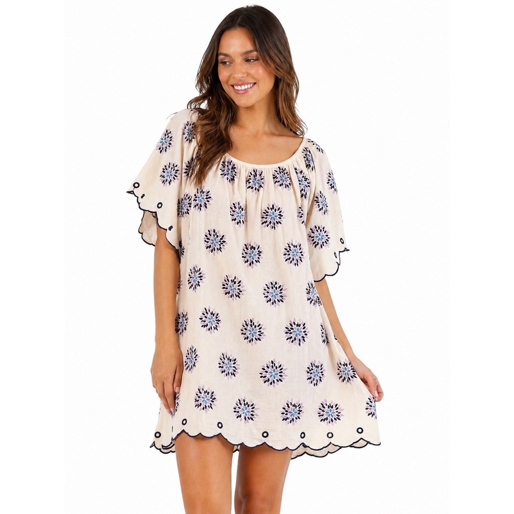 The Coast Brand Tunic Top O/S Cream Embroidered Floral Boho Peasant